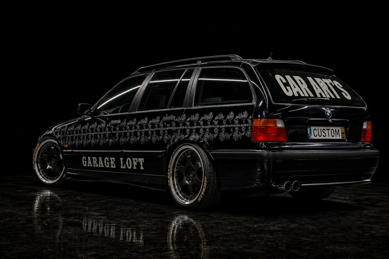 BMW e36 325 TDS Touring custom noir, dentelle aérographe, lettrage Car Art's Garage Loft — réalisation Car Art's Pont-du-Casse