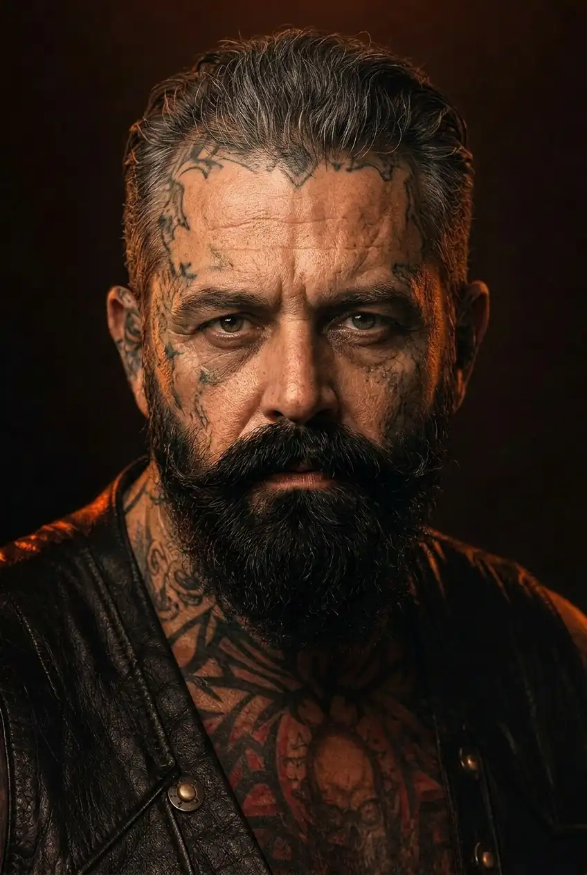 Biker barbu tatoué — avant pose casque Car Art's