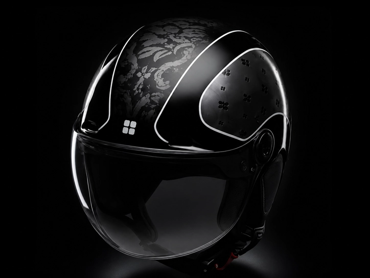 Casque jet custom noir laqué motif floral baroque argent — pièce premium Car Art's