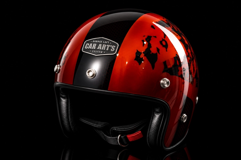 Casque jet custom rouge orange avec motif skull aérographe et badge Car Art's — création moto