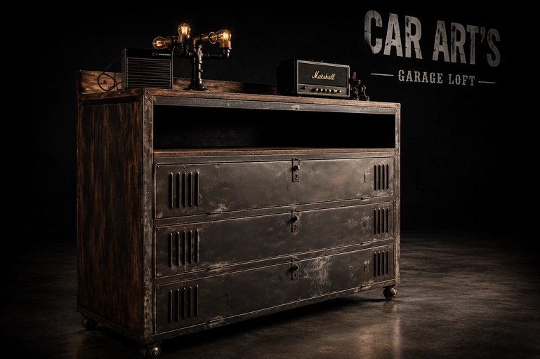 Commode atelier industrielle métal patiné et bois, lampe Edison, ampli Marshall — mobilier custom Car Art's
