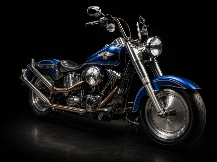 Harley Davidson Fat Boy 1997 custom bleu perle, chromes cuivre — réalisation moto Car Art's