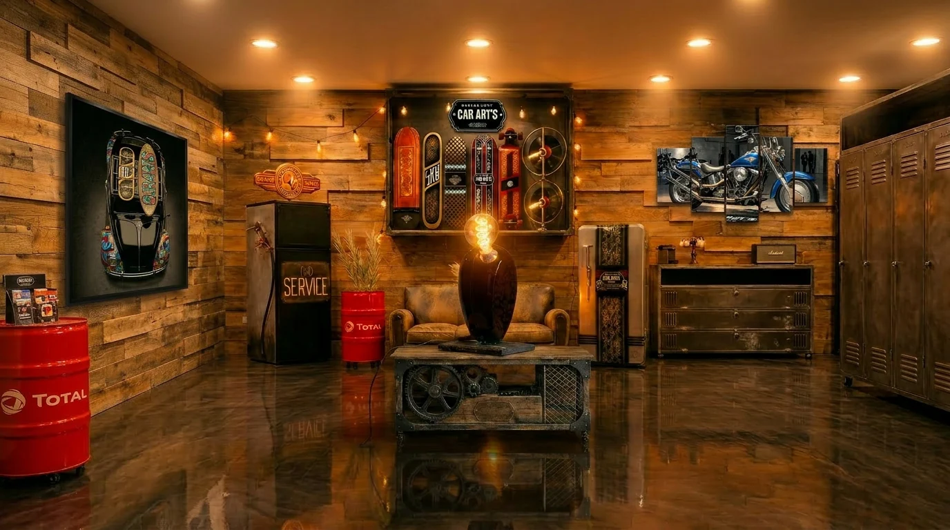 Garage loft restauré : mobilier industriel up-cyclé, bidons décoratifs, lampe Edison vase pampa — création Car Art's