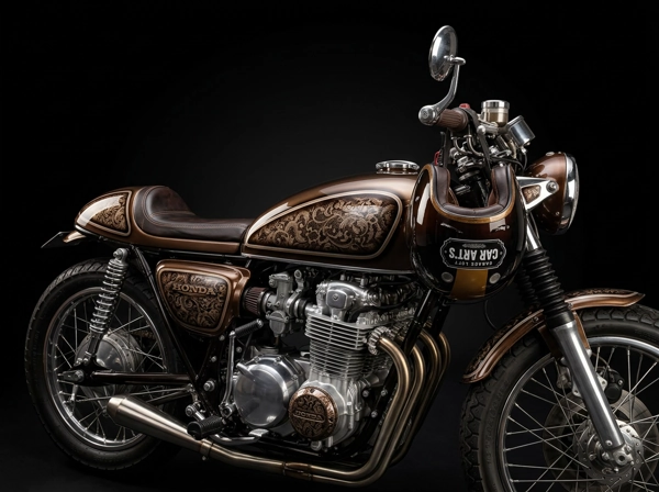 Honda CB café racer custom bronze, motif dentelle aérographe sur réservoir et selle — Car Art's