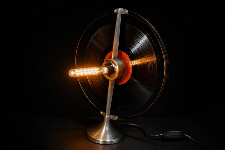 Lampe sculpture haut-parleur Radiolavox 1925 transformé en luminaire avec disque vinyle et ampoule Edison T30 — up-cycling Car Art's