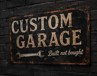 Plaque émaillée vintage Custom Garage Built not bought, typographie cuivre et clé à molette — objet déco Car Art's