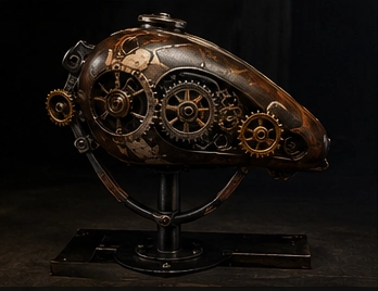 Réservoir moto custom steampunk avec engrenages mécaniques apparents, sculpture pièce détournée — création artistique Car Art's
