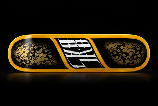 Skateboard custom encadrement doré damasquinage floral or sur fond noir avec initiales typographiques — pièce premium Car Art's