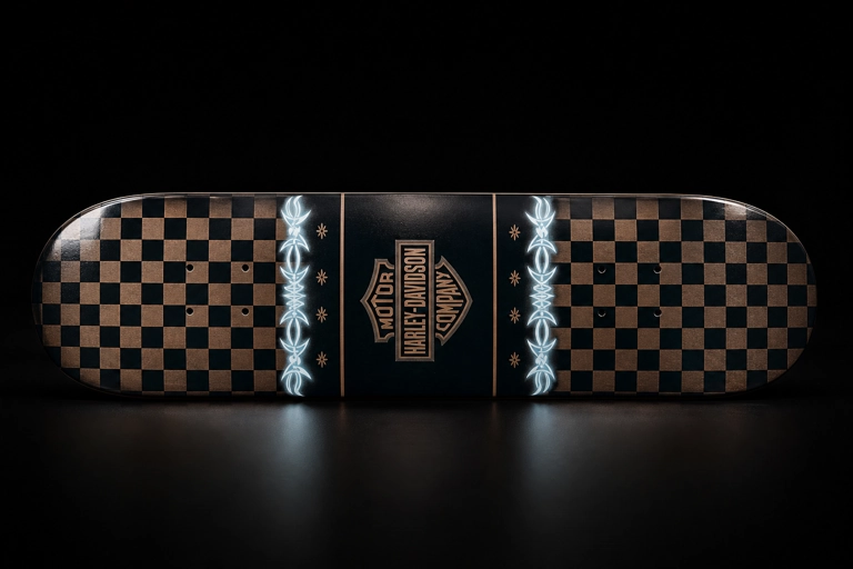 Skateboard customisé Harley-Davidson Motor Company damier cuivre noir pinstripe blanc — objet déco Car Art's