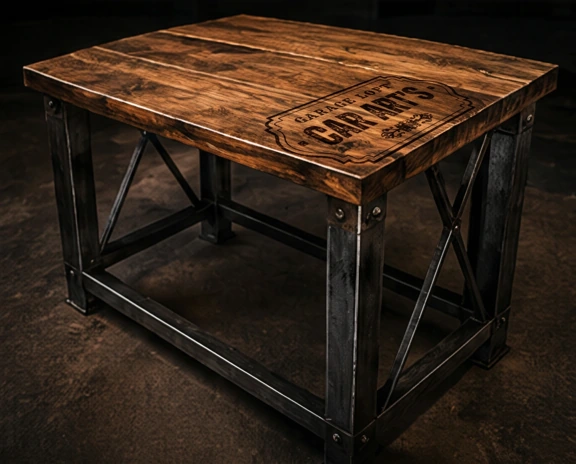 Table industrielle bois patiné et métal brut, logo Car Art's Garage Loft pyrogravé sur plateau — mobilier custom Car Art's
