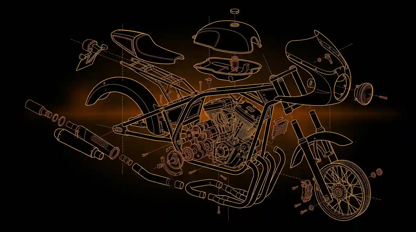 Vue éclatée moto custom — pièces démontées prêtes pour peinture personnalisée Car Art's